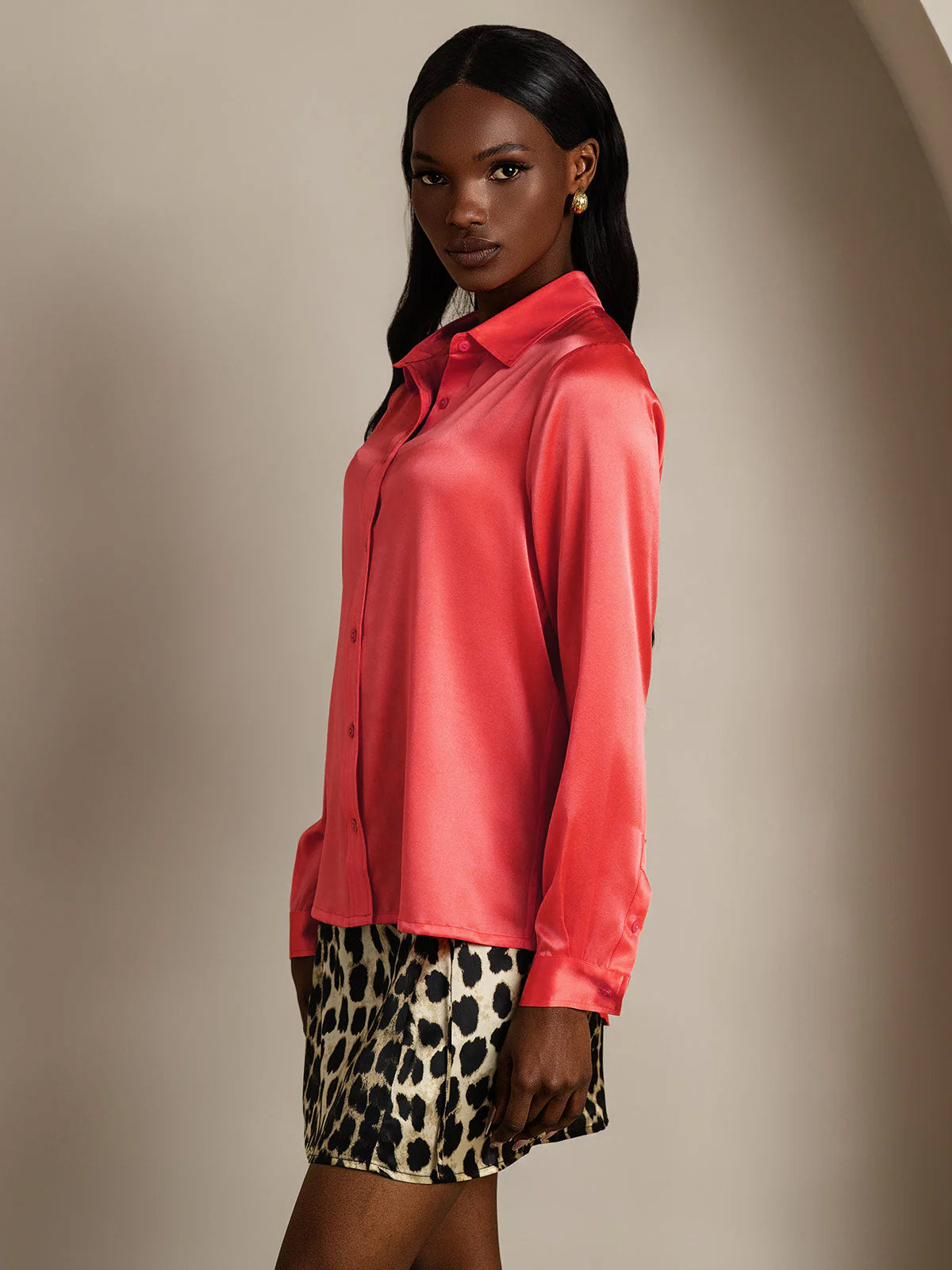 Rosstef 19Momme İpek Uzun Kollu Devrik Yaka Yaka Women's Shirt