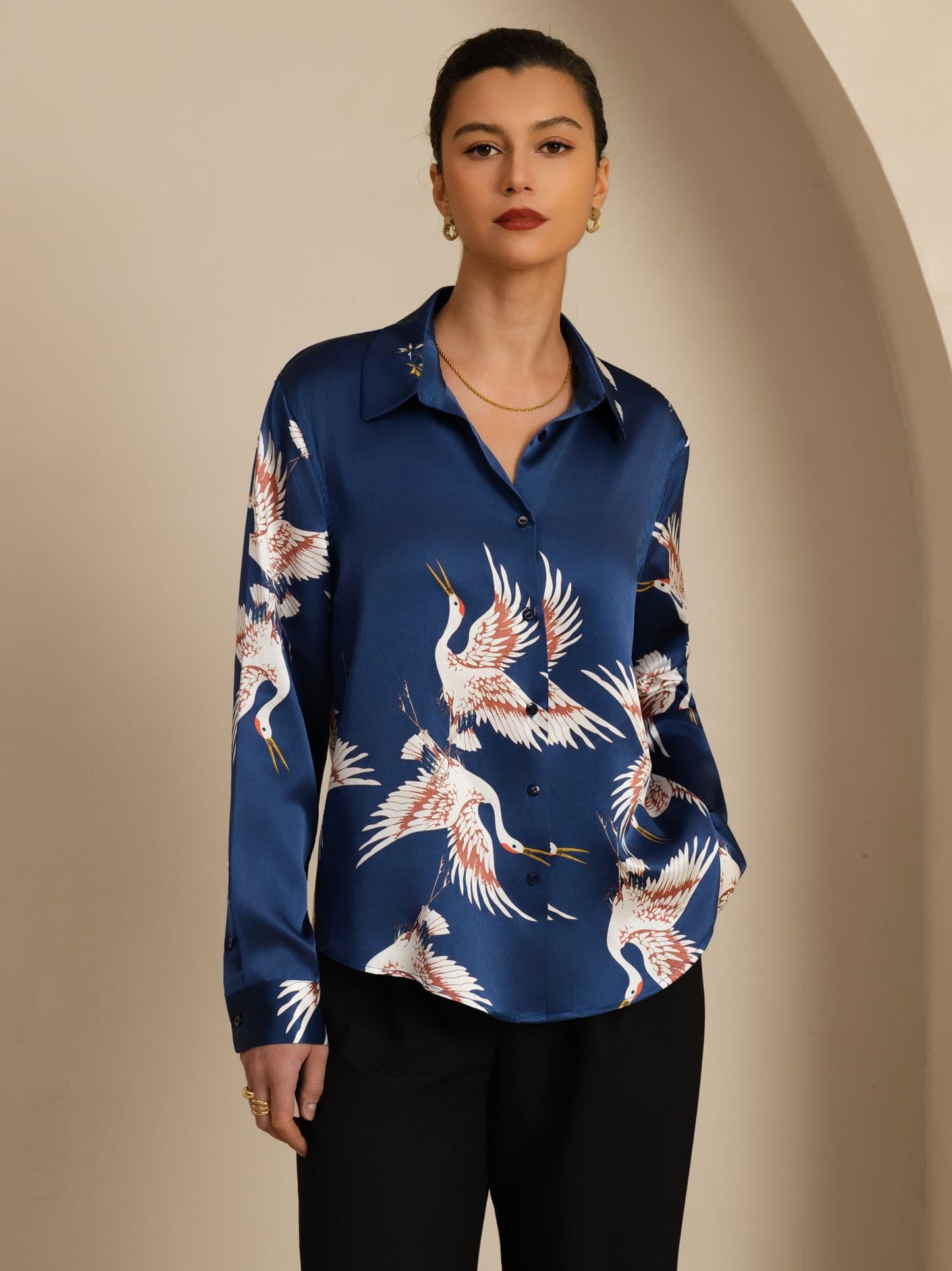 Rosstef 100% Dut İpek Uzun Kollu Devrik Yaka Yaka Women's Crane Baskı Button Bluz