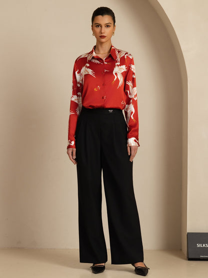 Rosstef 100% Dut İpek Uzun Kollu Devrik Yaka Yaka Women's Crane Baskı Button Bluz
