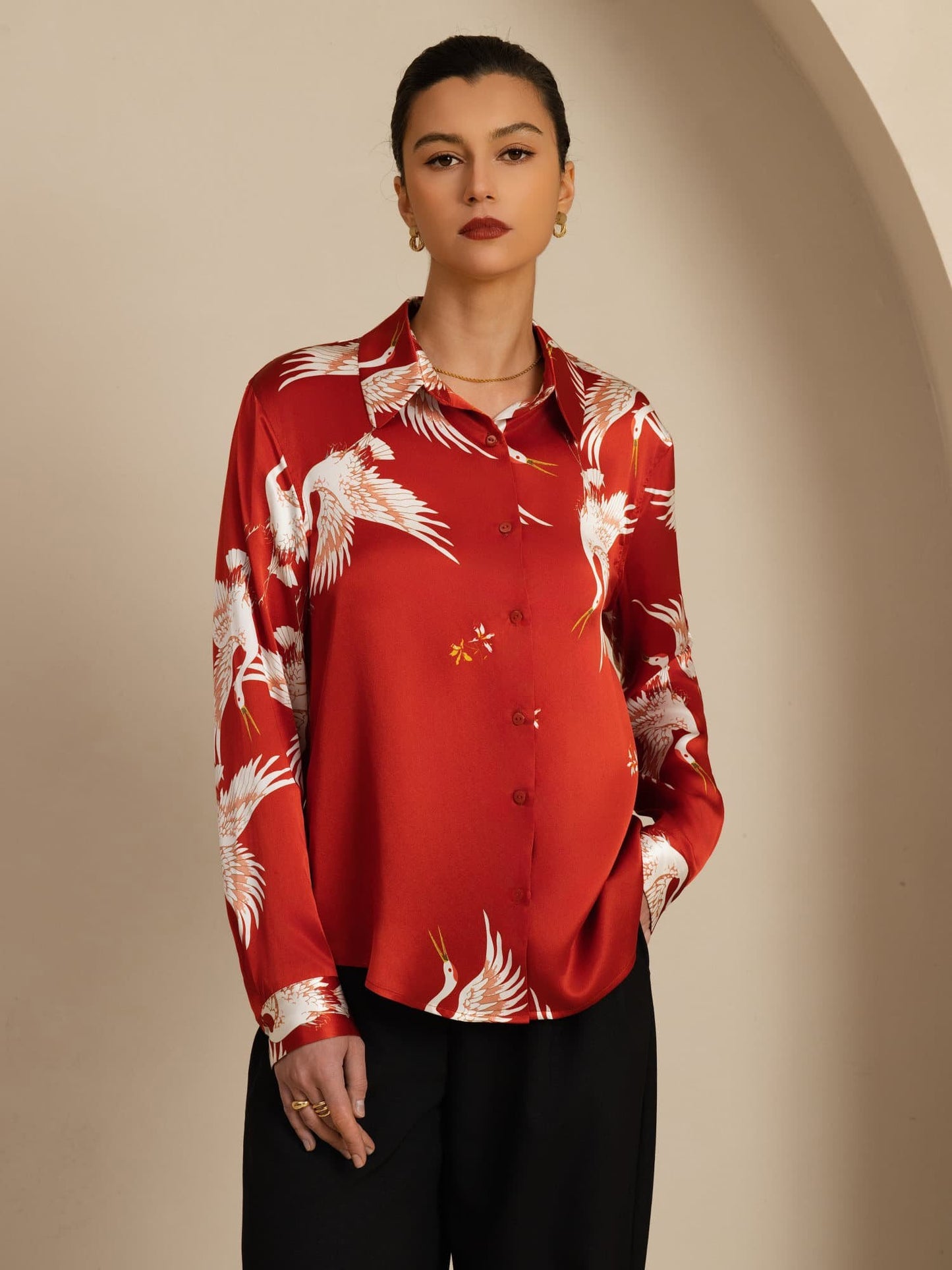 Rosstef 100% Dut İpek Uzun Kollu Devrik Yaka Yaka Women's Crane Baskı Button Bluz