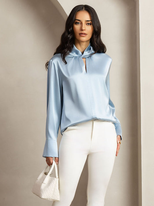 Rosstef 19Momme İpek Keyhole Yaka Bluz ile İncili Buttons