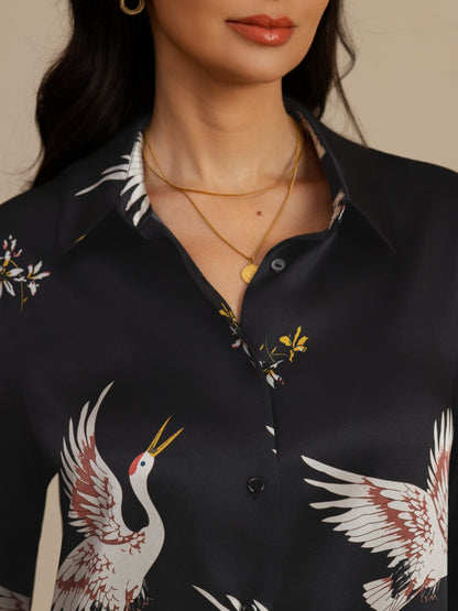 Rosstef 100% Dut İpek Uzun Kollu Devrik Yaka Yaka Women's Crane Baskı Button Bluz