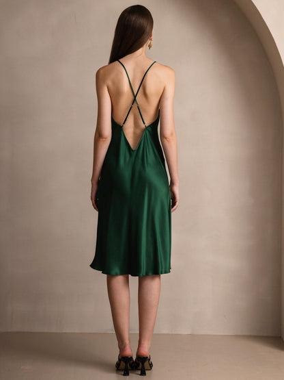Rosstef Saf İpek Midi Elbise ile Criss Cross V-Back