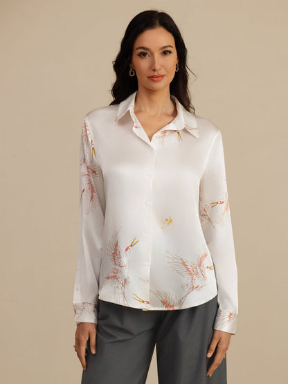Rosstef 100% Dut İpek Uzun Kollu Devrik Yaka Yaka Women's Crane Baskı Button Bluz