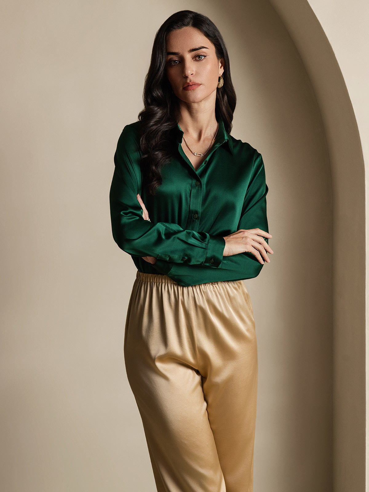 Rosstef 19Momme İpek Uzun Kollu Devrik Yaka Yaka Women's Shirt