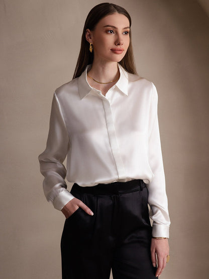 Rosstef 19Momme İpek Uzun Kollu Devrik Yaka Yaka Kadın Bluzu