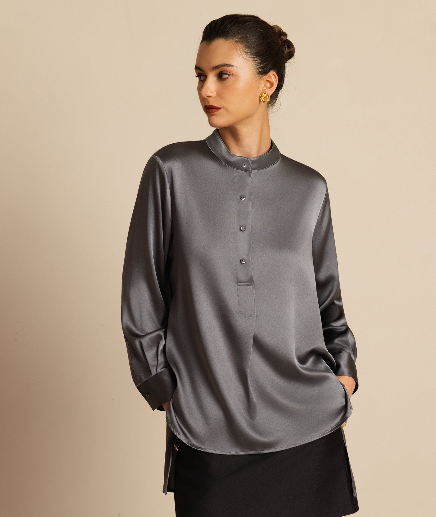 Rosstef 19Momme İpek Flex Stand Yaka High-Low Bluse