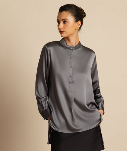 Rosstef 19Momme İpek Flex Stand Yaka High-Low Bluse