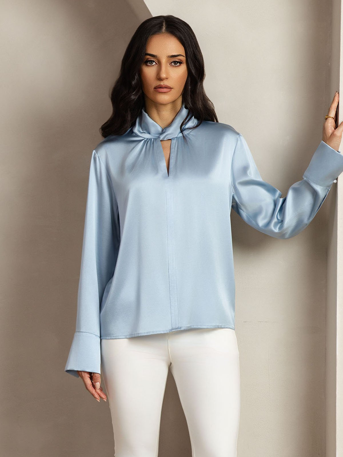 Rosstef 19Momme İpek Keyhole Yaka Bluz ile İncili Buttons