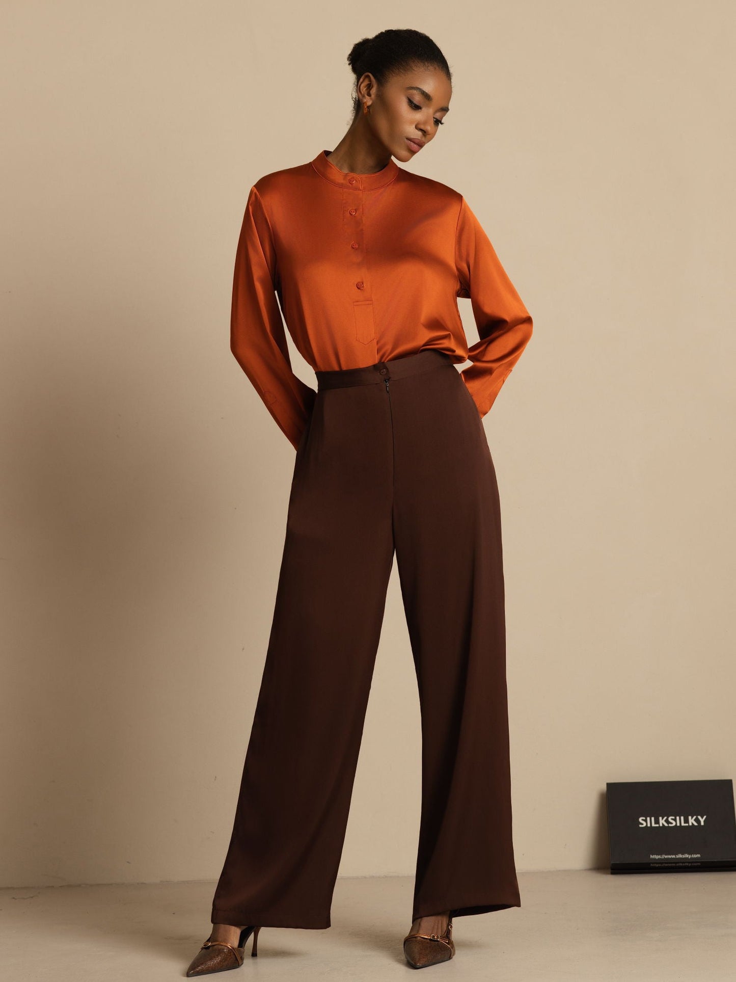 Rosstef 19Momme İpek Flex Stand Yaka High-Low Bluse