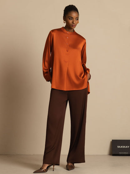 Rosstef 19Momme İpek Flex Stand Yaka High-Low Bluse