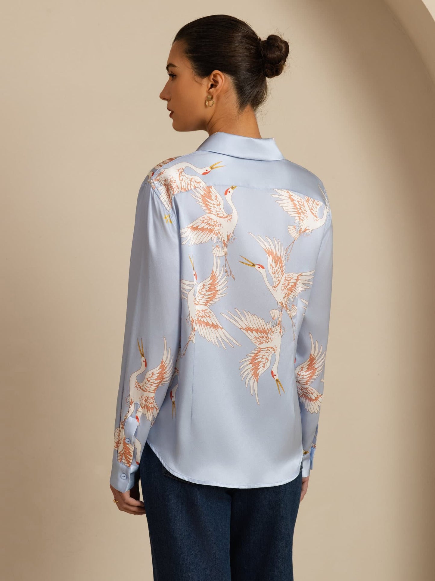 Rosstef 100% Dut İpek Uzun Kollu Devrik Yaka Yaka Women's Crane Baskı Button Bluz