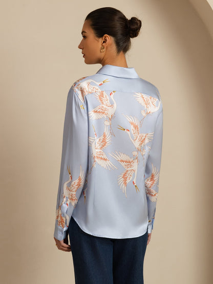 Rosstef 100% Dut İpek Uzun Kollu Devrik Yaka Yaka Women's Crane Baskı Button Bluz