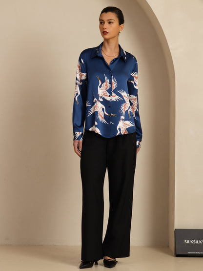 Rosstef 100% Dut İpek Uzun Kollu Devrik Yaka Yaka Women's Crane Baskı Button Bluz