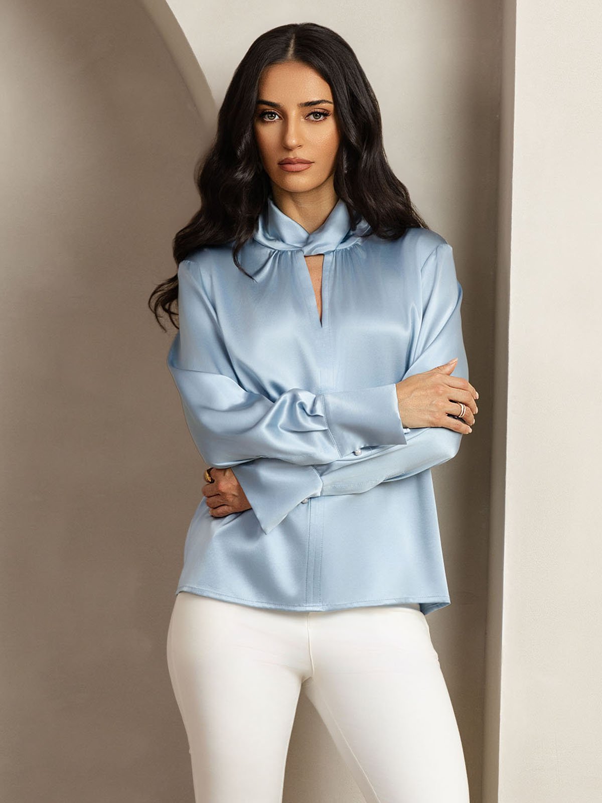 Rosstef 19Momme İpek Keyhole Yaka Bluz ile İncili Buttons