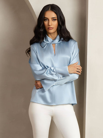 Rosstef 19Momme İpek Keyhole Yaka Bluz ile İncili Buttons