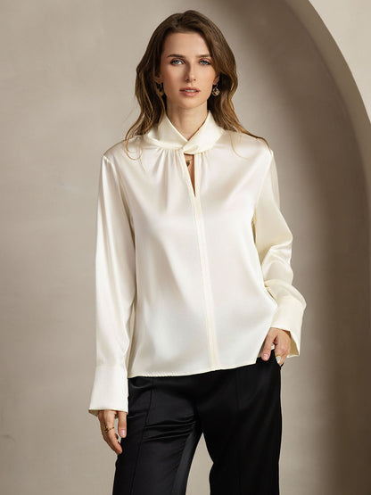 Rosstef 19Momme İpek Keyhole Yaka Bluz ile İncili Buttons