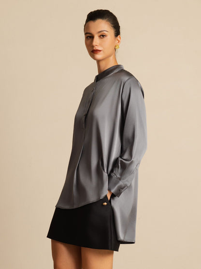 Rosstef 19Momme İpek Flex Stand Yaka High-Low Bluse