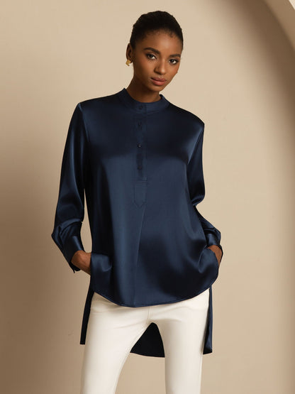Rosstef 19Momme İpek Flex Stand Yaka High-Low Bluse