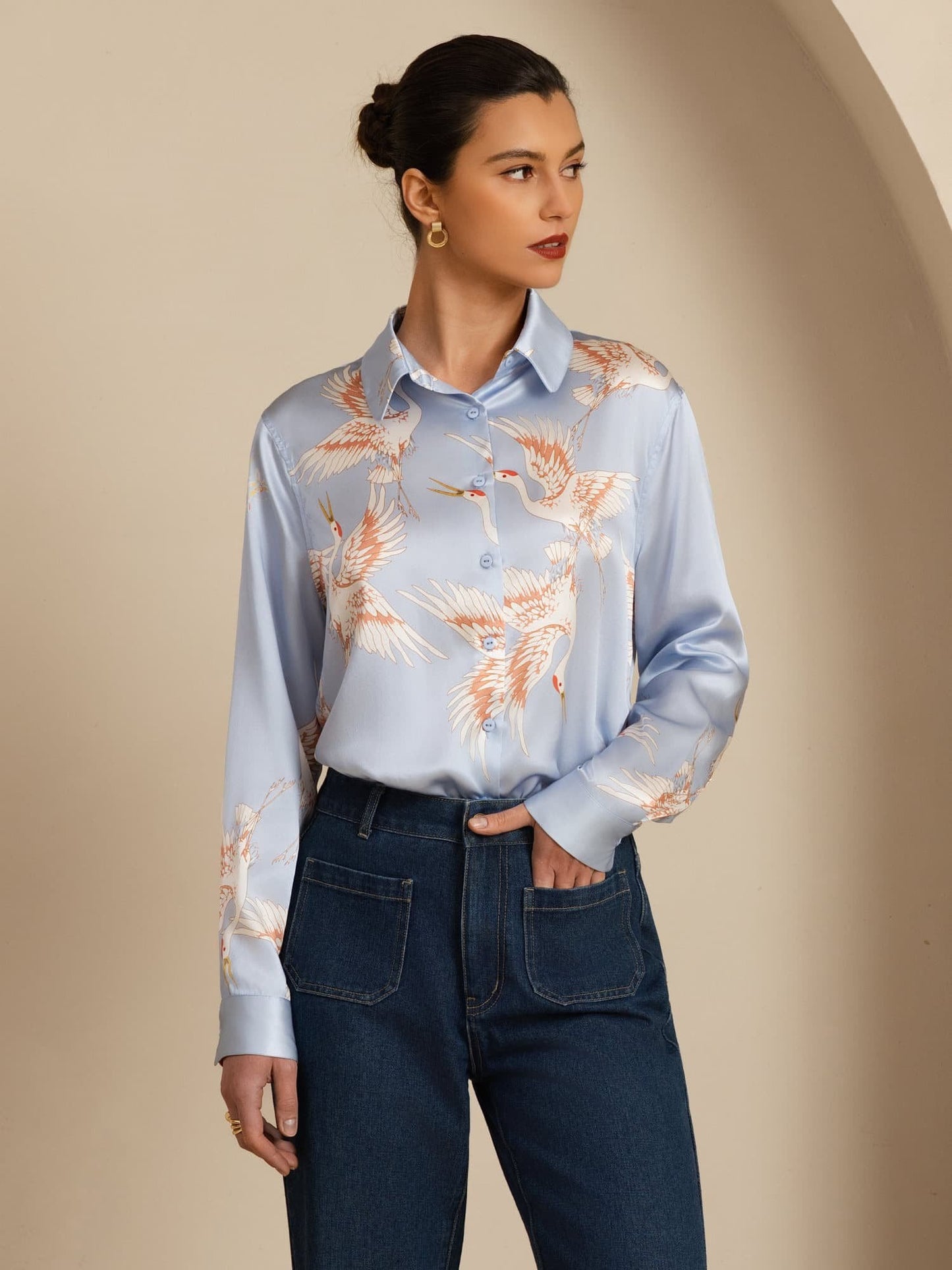 Rosstef 100% Dut İpek Uzun Kollu Devrik Yaka Yaka Women's Crane Baskı Button Bluz