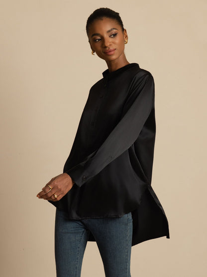 Rosstef 19Momme İpek Flex Stand Yaka High-Low Bluse