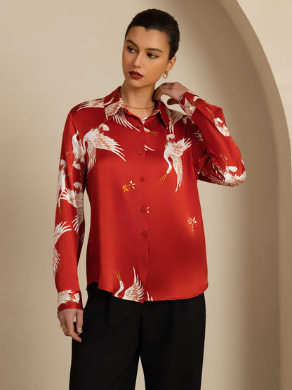 Rosstef 100% Dut İpek Uzun Kollu Devrik Yaka Yaka Women's Crane Baskı Button Bluz
