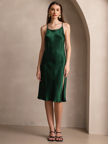 Rosstef Saf İpek Midi Elbise ile Criss Cross V-Back