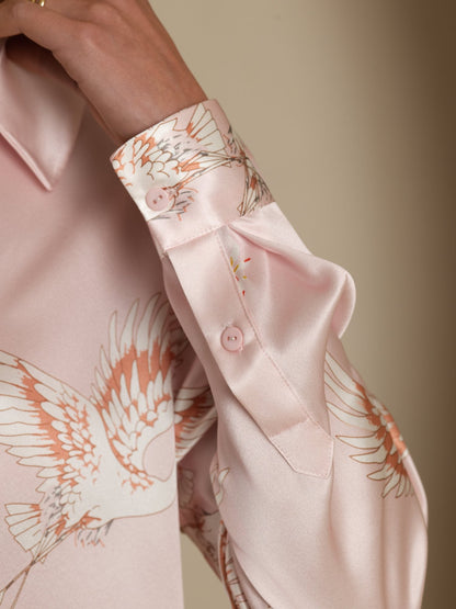 Rosstef 100% Dut İpek Uzun Kollu Devrik Yaka Yaka Women's Crane Baskı Button Bluz
