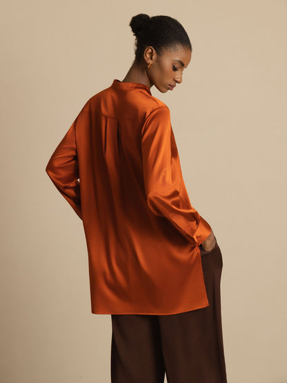 Rosstef 19Momme İpek Flex Stand Yaka High-Low Bluse