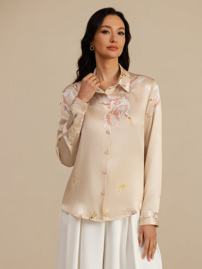 Rosstef 100% Dut İpek Uzun Kollu Devrik Yaka Yaka Women's Crane Baskı Button Bluz