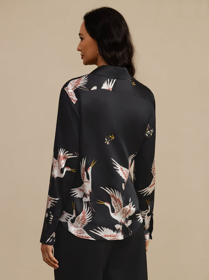 Rosstef 100% Dut İpek Uzun Kollu Devrik Yaka Yaka Women's Crane Baskı Button Bluz