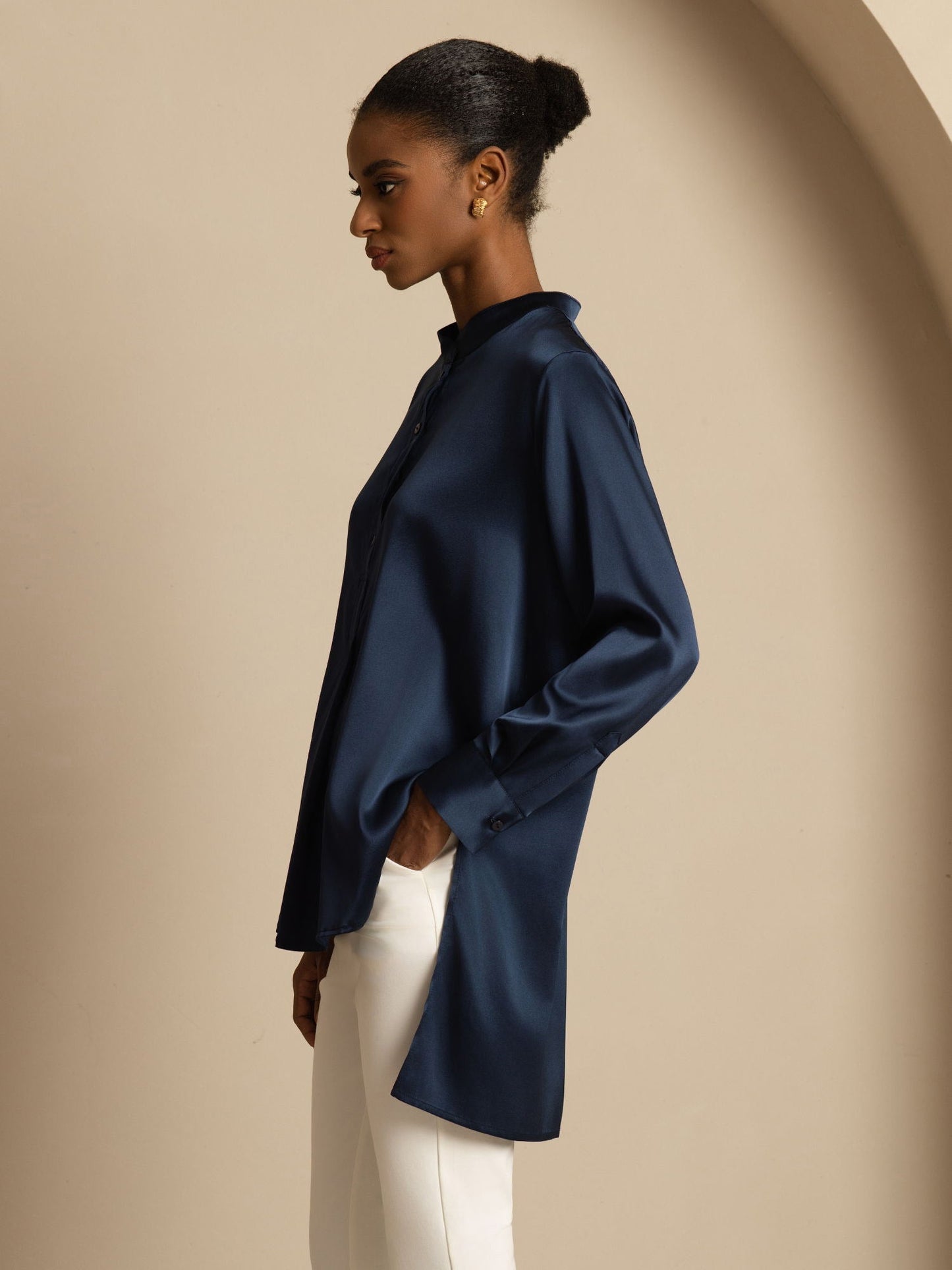 Rosstef 19Momme İpek Flex Stand Yaka High-Low Bluse