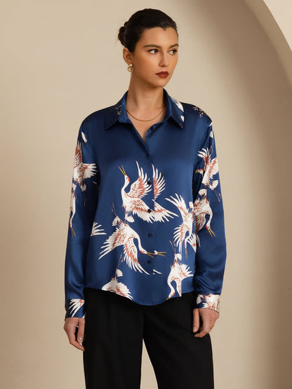 Rosstef 100% Dut İpek Uzun Kollu Devrik Yaka Yaka Women's Crane Baskı Button Bluz