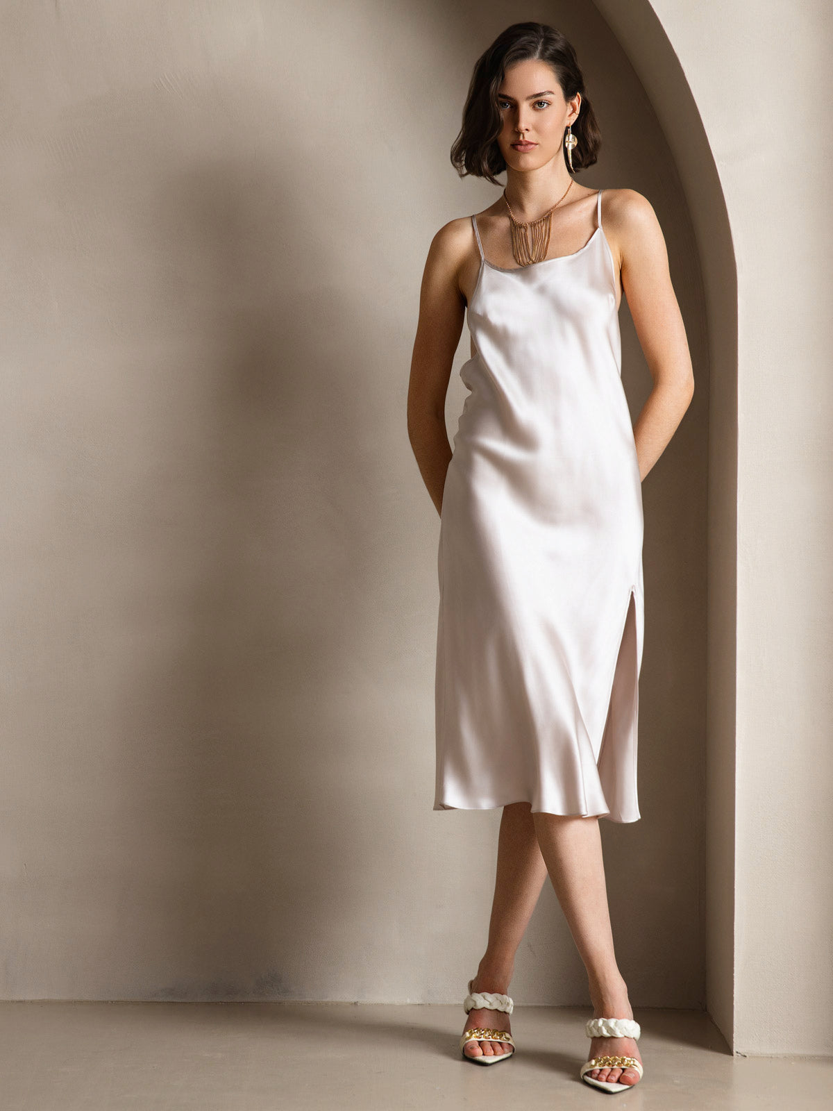 Rosstef Saf İpek Midi Elbise ile Criss Cross V-Back