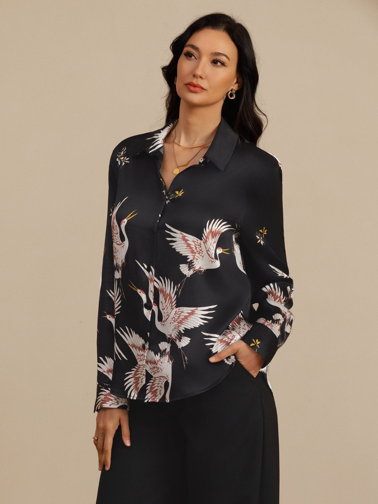 Rosstef 100% Dut İpek Uzun Kollu Devrik Yaka Yaka Women's Crane Baskı Button Bluz