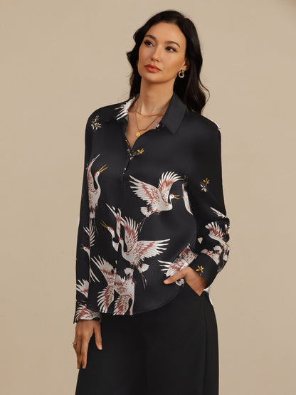 Rosstef 100% Dut İpek Uzun Kollu Devrik Yaka Yaka Women's Crane Baskı Button Bluz