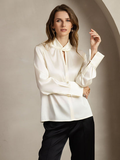 Rosstef 19Momme İpek Keyhole Yaka Bluz ile İncili Buttons