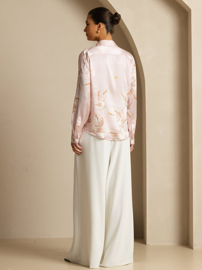 Rosstef 100% Dut İpek Uzun Kollu Devrik Yaka Yaka Women's Crane Baskı Button Bluz