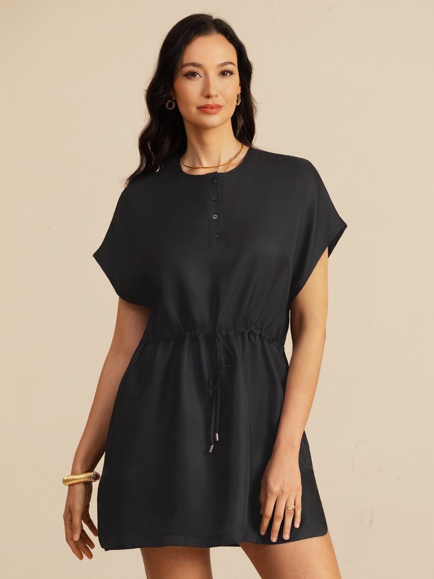 Rosstef Saf İpek Henley Yaka Cap Kollu Kısa Elbise