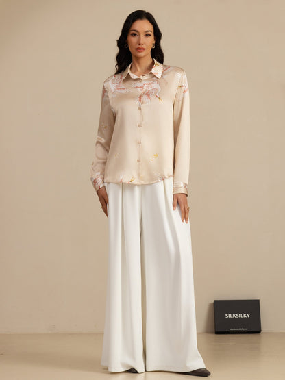 Rosstef 100% Dut İpek Uzun Kollu Devrik Yaka Yaka Women's Crane Baskı Button Bluz