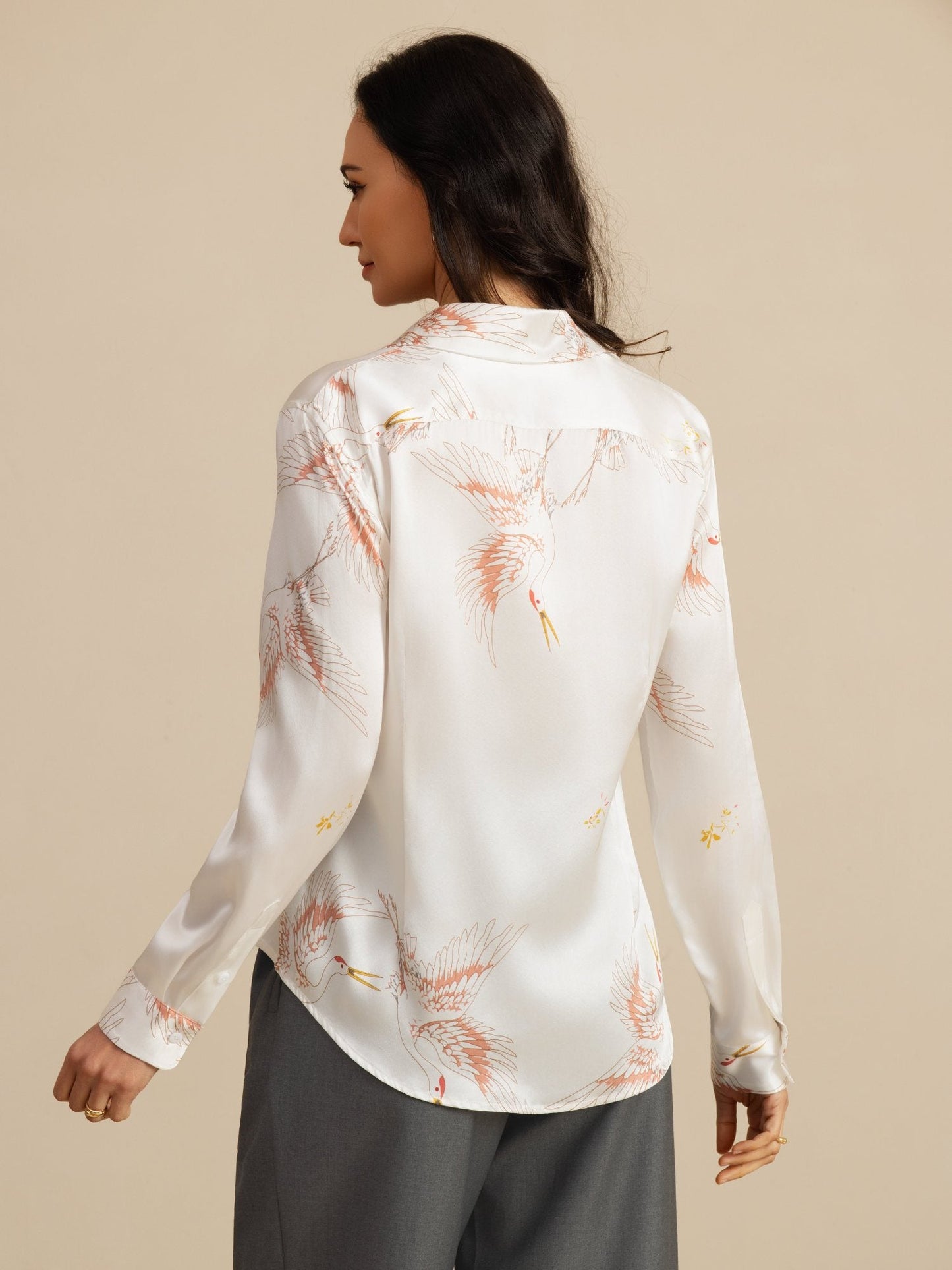 Rosstef 100% Dut İpek Uzun Kollu Devrik Yaka Yaka Women's Crane Baskı Button Bluz