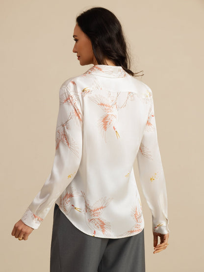 Rosstef 100% Dut İpek Uzun Kollu Devrik Yaka Yaka Women's Crane Baskı Button Bluz