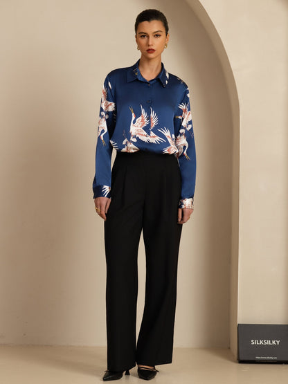 Rosstef 100% Dut İpek Uzun Kollu Devrik Yaka Yaka Women's Crane Baskı Button Bluz