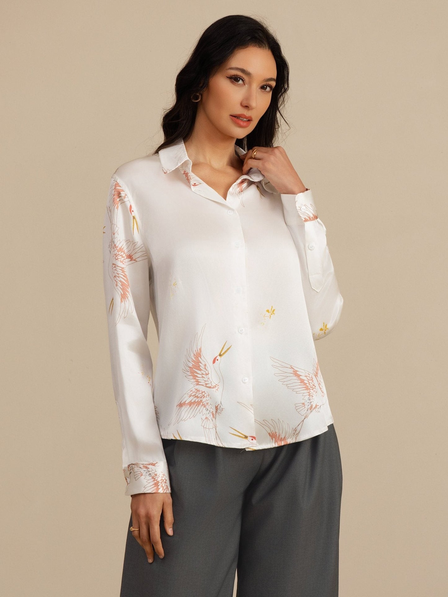 Rosstef 100% Dut İpek Uzun Kollu Devrik Yaka Yaka Women's Crane Baskı Button Bluz