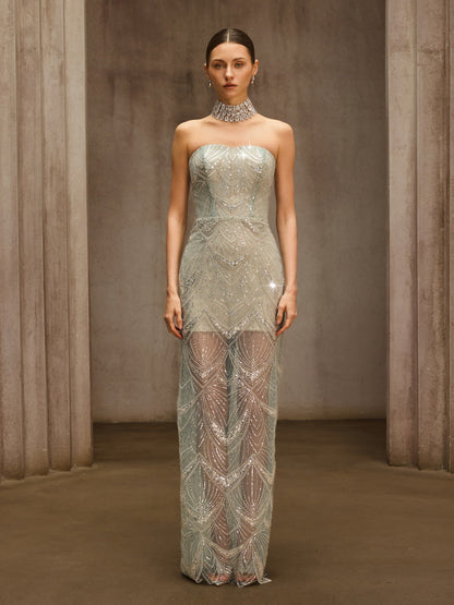 Rosstef Payetli Tül Maxi Elbise - Icy Teal