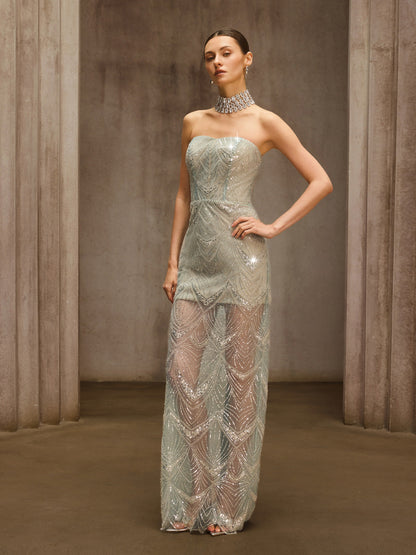 Rosstef Payetli Tül Maxi Elbise - Icy Teal