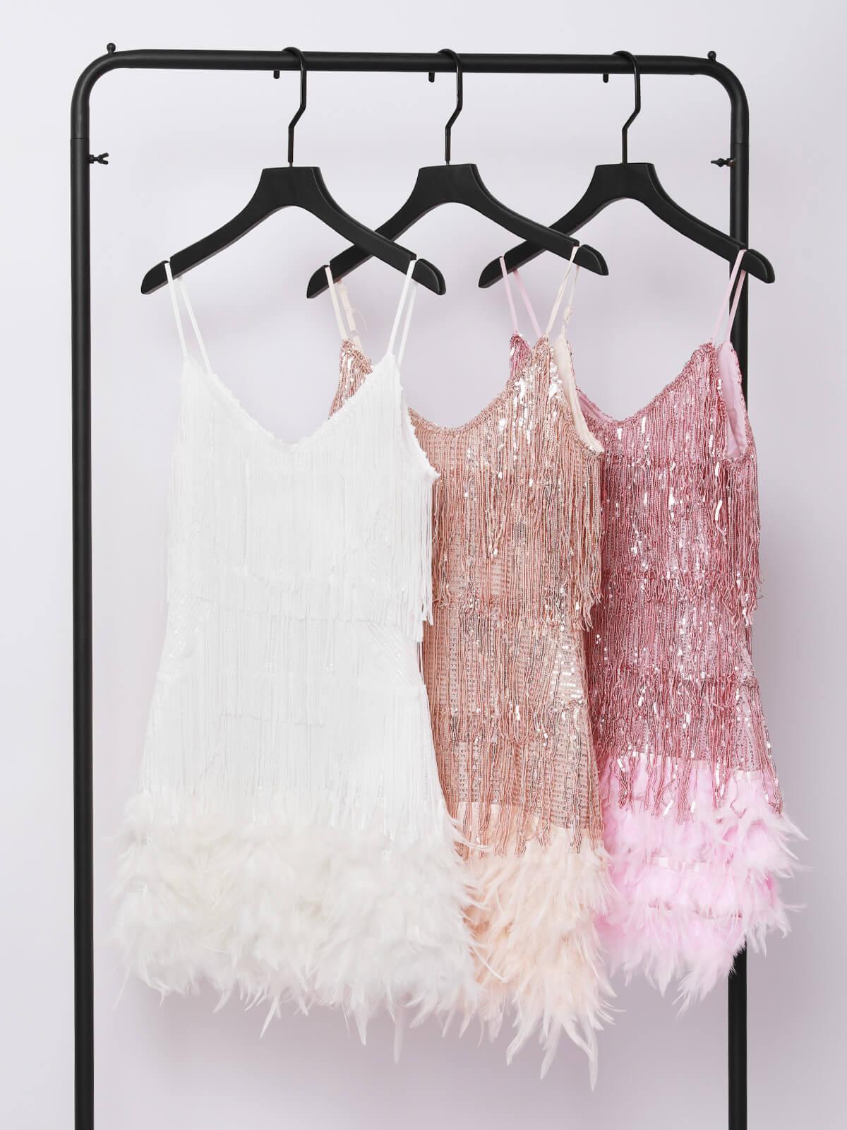 Rosstef Champagne Tassel Tüylü Mini Elbise