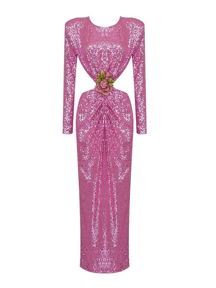 Rosstef Payetli Maxi Abiye Pembe