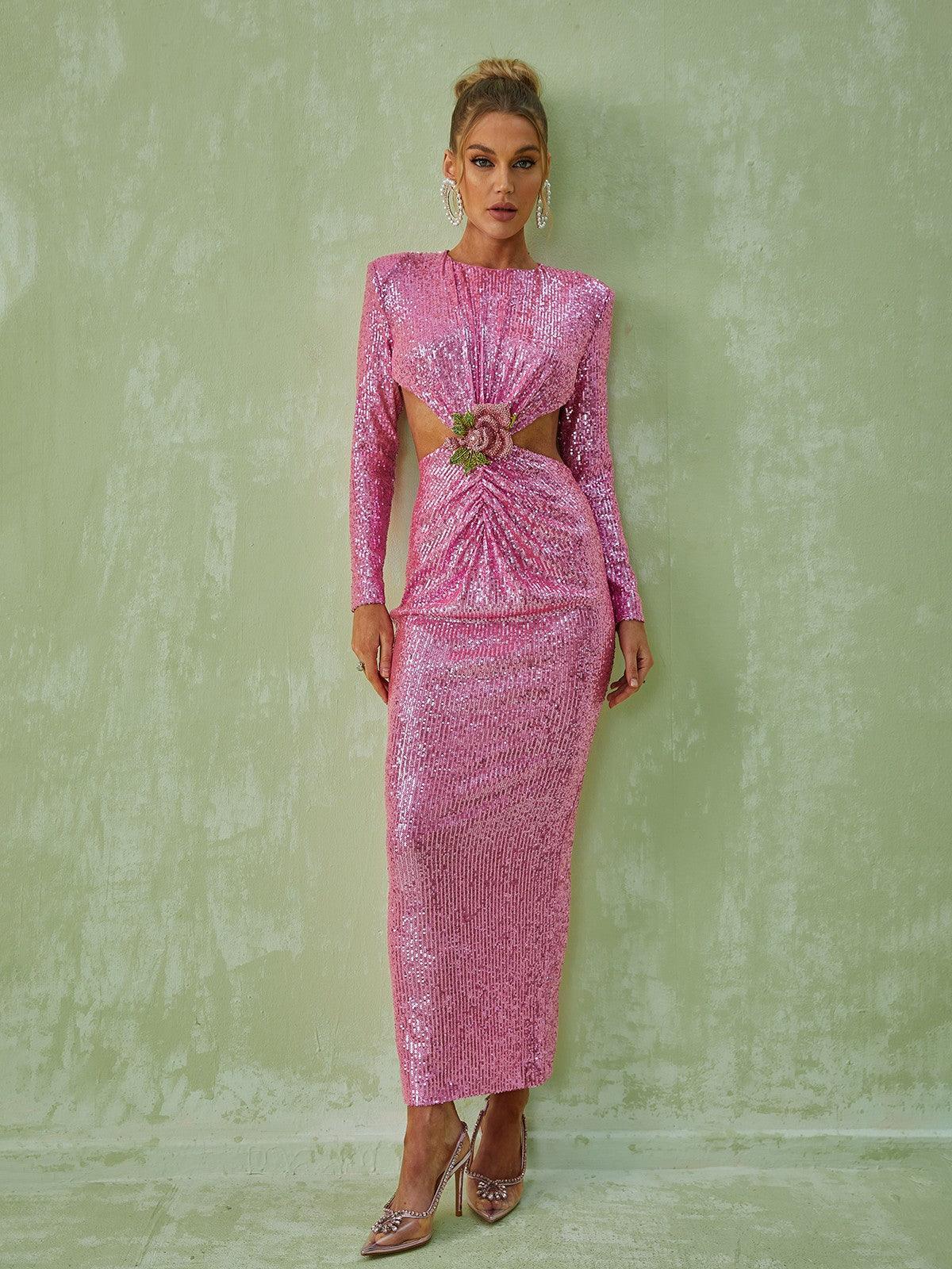 Rosstef Payetli Maxi Abiye Pembe