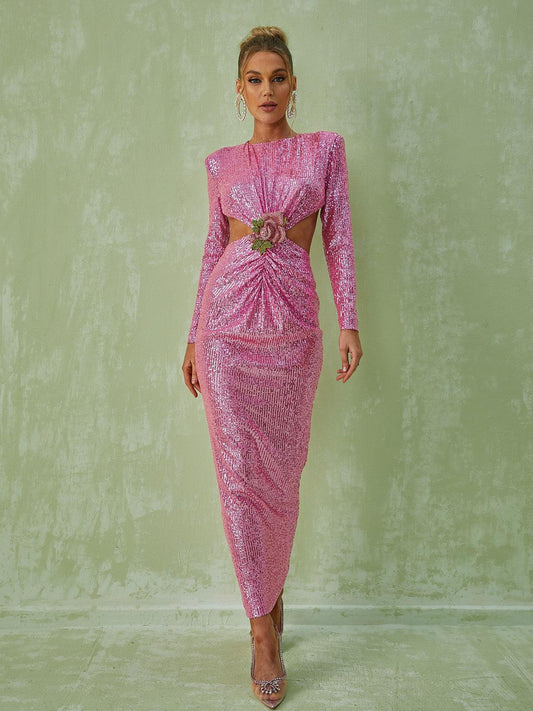 Rosstef Payetli Maxi Abiye Pembe
